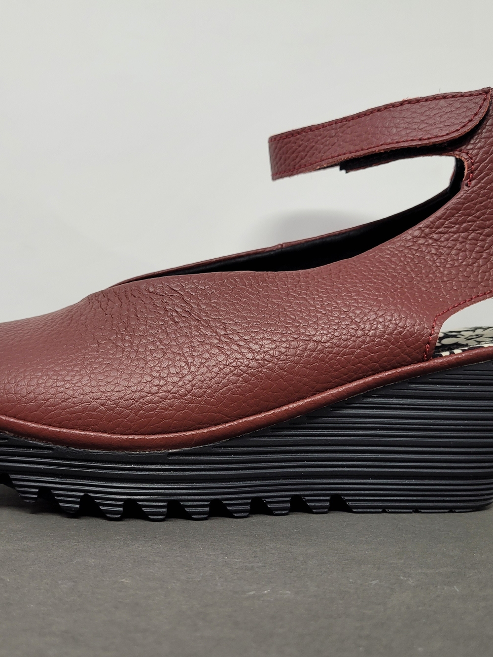 Bernie Mev Mely Burgundy Pebbled Leather Wedge Sandal with Ankle Strap